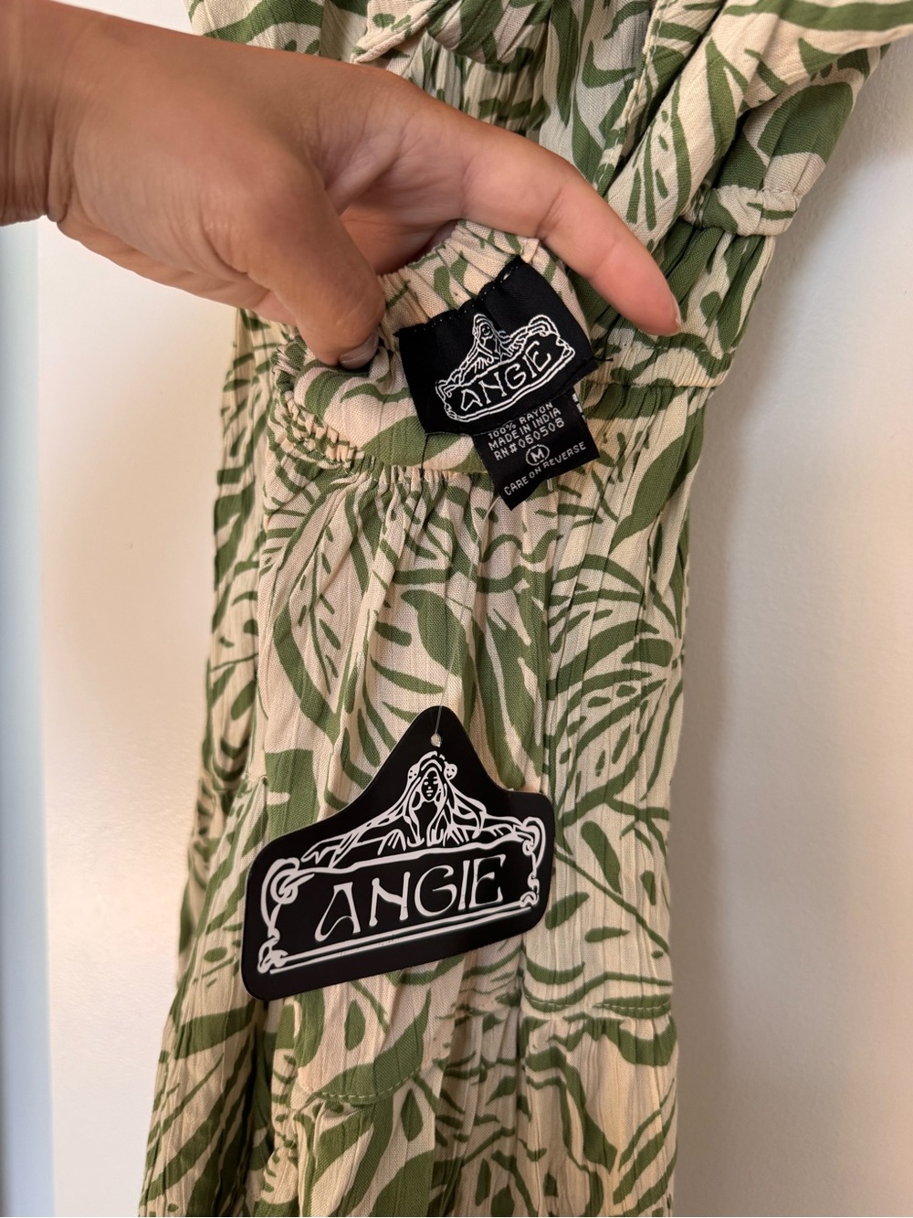 Angie’s Short green and tan leaf print dress with tie back and elastic waist - Picture 5 of 6